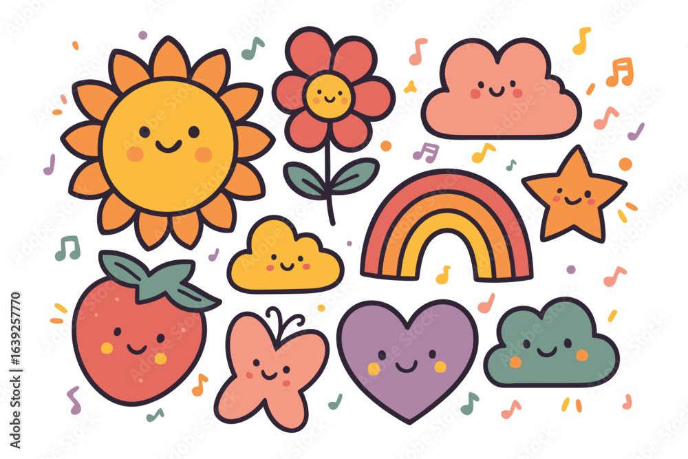 Fototapeta premium Cute cartoon nature elements, sun, flower, clouds, rainbow, and star illustration, kawaii vector art
