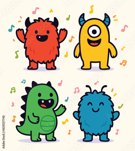 Cute cartoon monsters dancing with music notes, colorful vector illustration