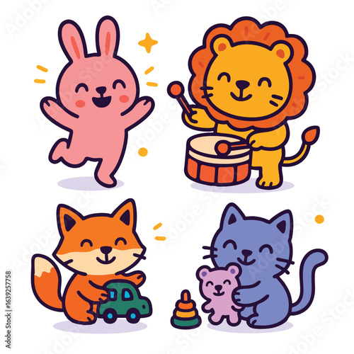 Cute Cartoon Animals Playing  Kawaii Bunny, Lion, Fox and Cat with Toys and Drum Vector Illustration for Kids