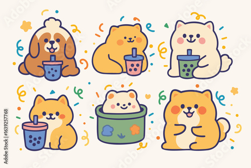 Cute cartoon dogs and cats with bubble tea, kawaii animal illustration, vector art