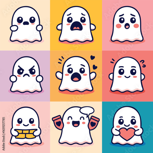 Cute cartoon ghost emoji set with different emotions, kawaii vector illustration