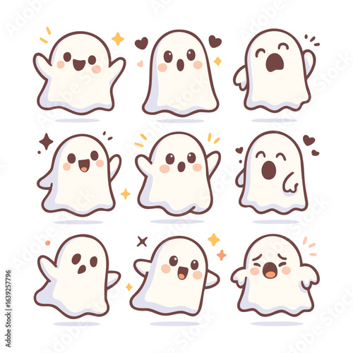 Cute cartoon ghost set with different emotions, kawaii Halloween illustration, vector art