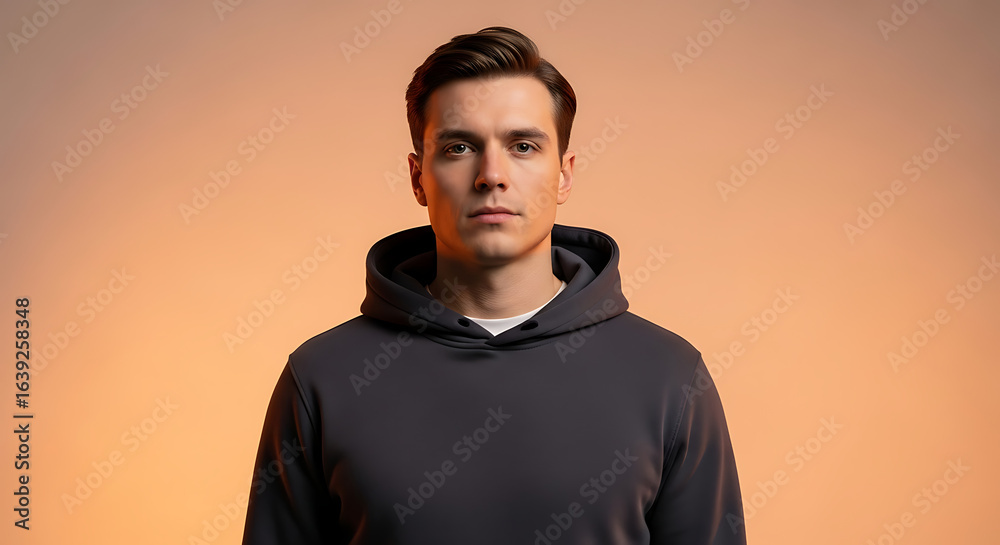 Fototapeta premium Serious young man in a dark grey hoodie against a warm orange background.