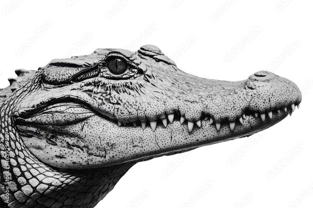 Obraz premium Crocodile head facing forward with detailed textures captured against a white background in a modern artistic style