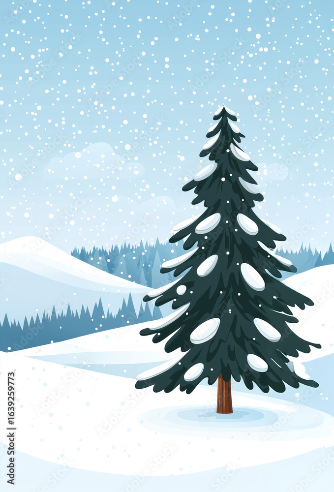 Naklejka premium Snowy pine tree stands tall in winter landscape with falling snowflakes and frosty hills under pale blue sky, evoking calm and cold