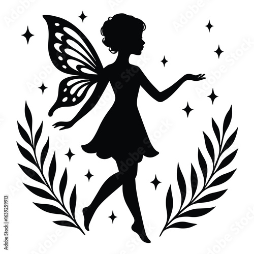 Silhouette of a whimsical fairy with butterfly wings and a laurel wreath isolated on white background