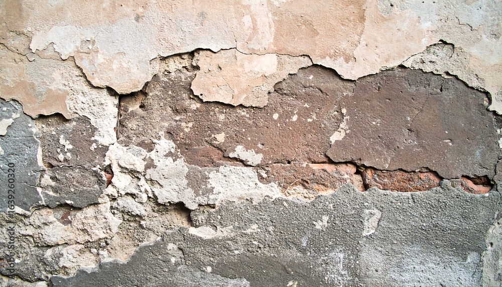 Naklejka premium Close-up view of a weathered wall with peeling plaster.