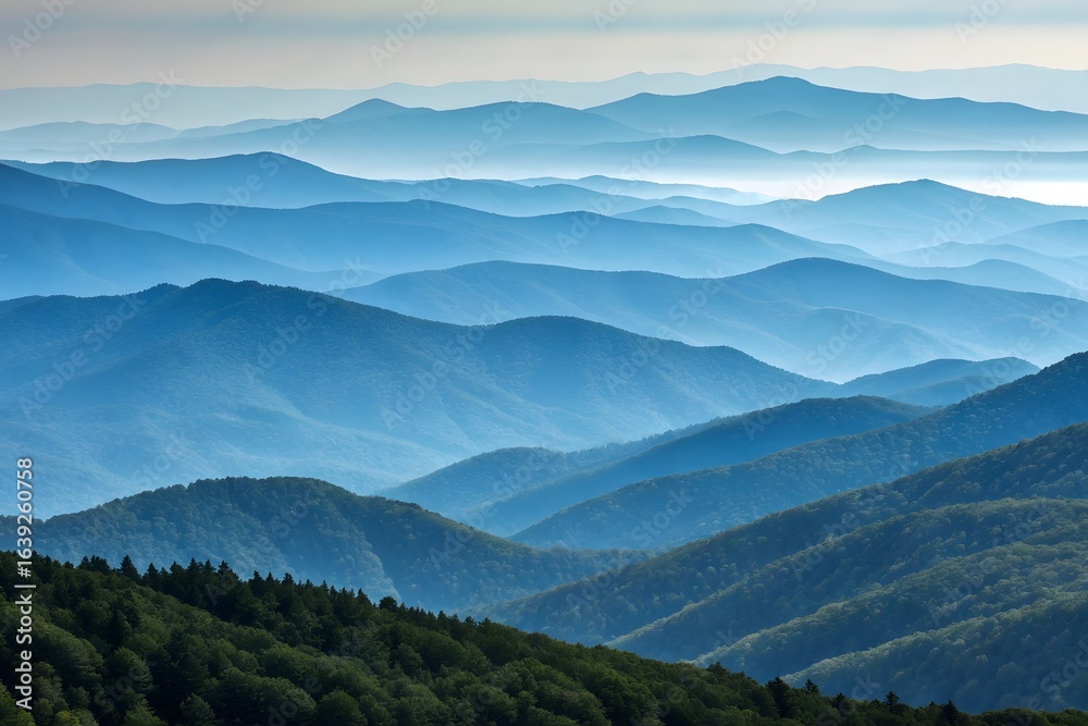 Fototapeta premium Layers of blue mountains fading into the distance under a hazy sky
