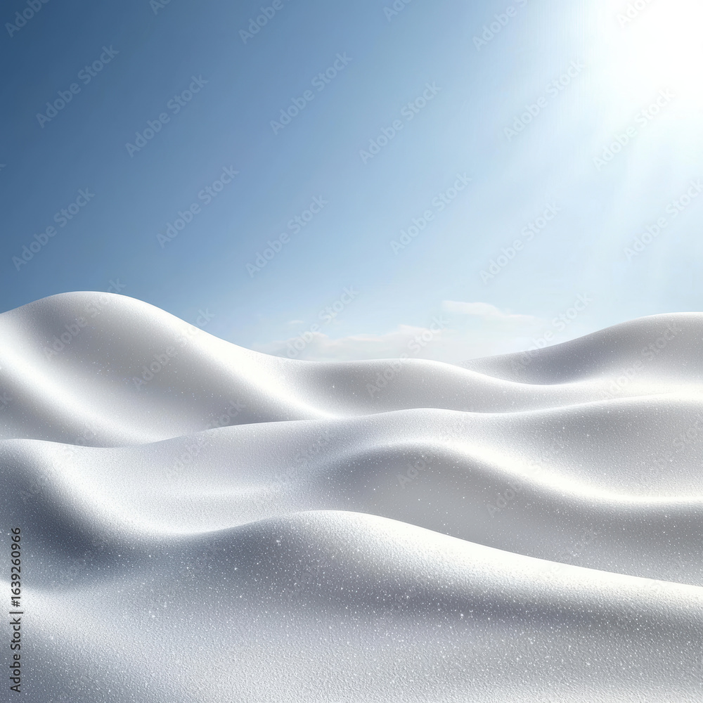 Fototapeta premium Soft flowing snow drifts create smooth, sparkling white hills under clear blue sky with bright sunlight, evoking calm and peaceful winter beauty
