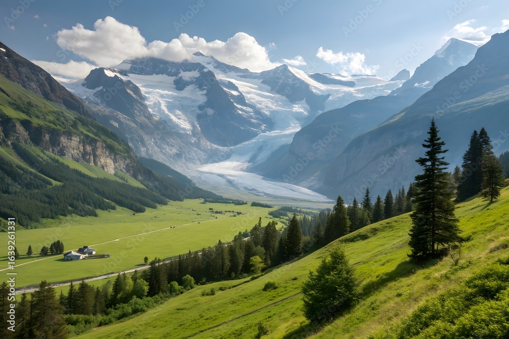 Fototapeta premium Majestic alpine valley with glacier and lush green slopes
