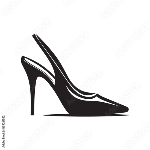 Illustration of a black high heel slingback shoe with a pointed toe and stiletto heel on a white backdrop
