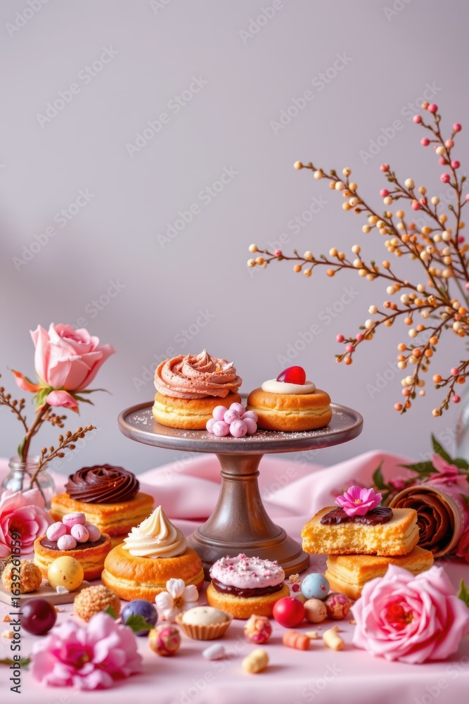 Naklejka premium Elegant Still Life with Assorted Sweets and Delicate Flowers