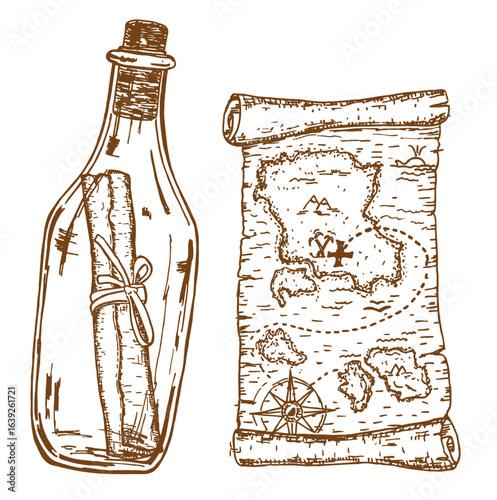 Old scrolls sketch style set on white background. Secret message of pirates. Old glass bottle with rolled parchment and cork, ancient letter for gold hunters on desert island hand draw