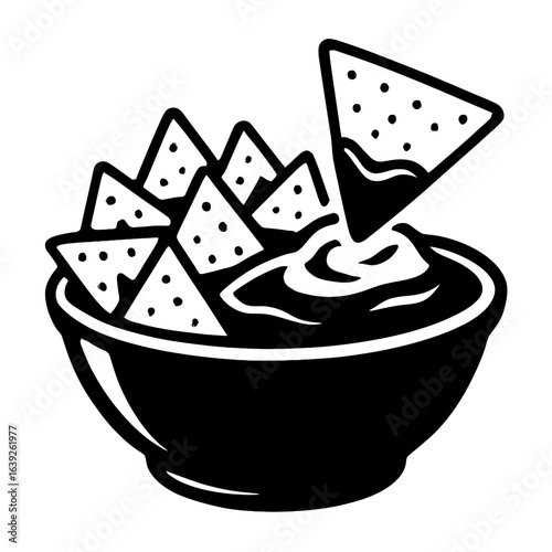 A black and white graphic illustration of a bowl of nachos with one chip dipped into a sauce