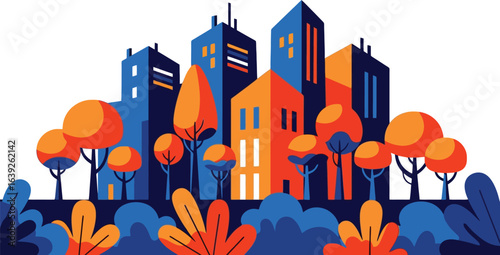 Urban Oasis Illustration: A stylized illustration depicts a vibrant urban landscape, blending towering buildings with lush trees and foliage, a harmonious fusion of nature and architecture.