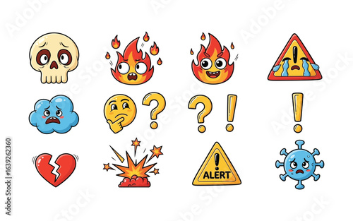 Expressive emoji icons collection for emotions and reactions, sad, confused, angry, broken heart, alert, perfect for digital communication