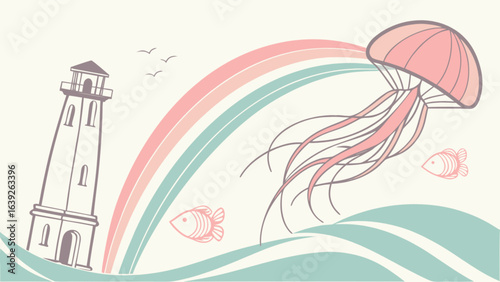 Pastel ocean scene with lighthouse, jellyfish, fish, rainbow and birds vector illustration