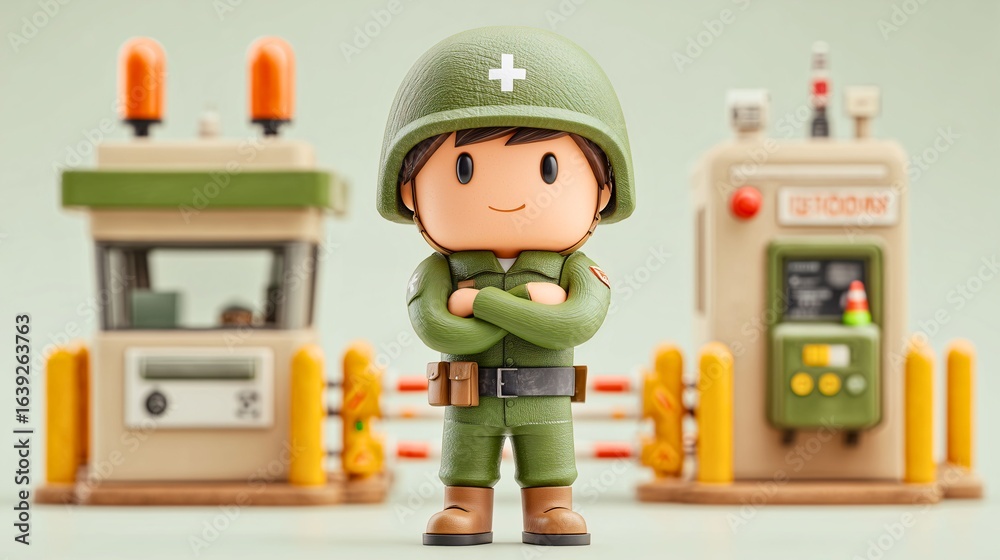Obraz premium Toy Soldier: a friendly toy soldier figure stands at attention against a modern backdrop of military installations.