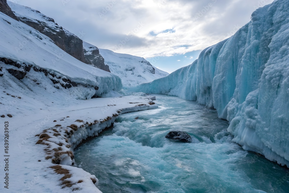 Obraz premium Majestic glacier canyon with turquoise river in winter landscape