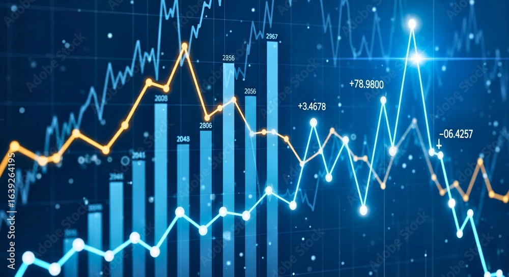 Fototapeta premium Financial Chart of Market Trends: An intricate and detailed visualization of financial trends. Featuring a dynamic display of data points, and financial metrics.