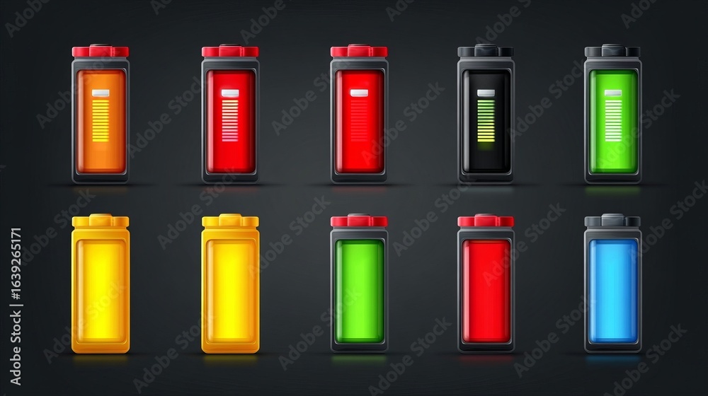 custom made wallpaper toronto digitalIllustrated batteries icons demonstrating energy levels and charge states, from low to full, reflecting power management and electrical capacity.