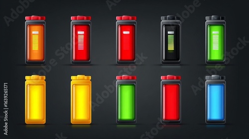 Wallpaper Mural Illustrated batteries icons demonstrating energy levels and charge states, from low to full, reflecting power management and electrical capacity. Torontodigital.ca