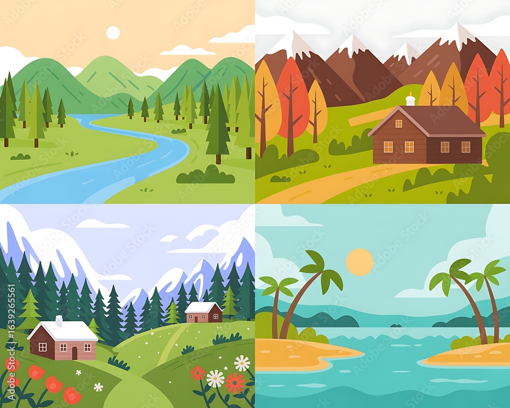 Fototapeta premium Four seasons landscape scenes with cozy cabins and natural beauty