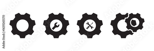 Gear icon set . Gear icon set, gear with check mark icon tick symbol. black gear wheel icons collection.  eps 10  