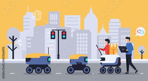 Modern Flat Style Autonomous Delivery Robot Concept in the Urban Landscape