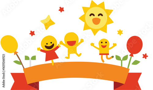 Cheerful Children's Day card showing children enjoying playtime in a lively park environment.