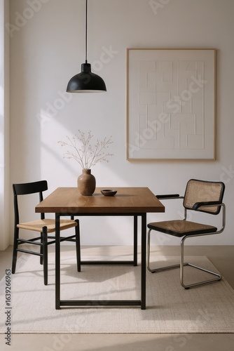 Modern Dining Set with Minimalist Artwork and Natural Textures, Creating a Serene and Stylish Interior Ambiance