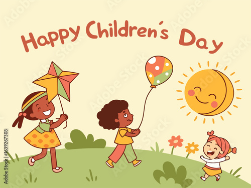 Cheerful Children's Day card showing children enjoying playtime in a lively park environment.
