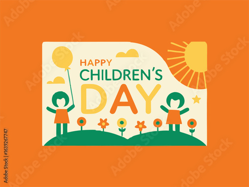 Cheerful Children's Day card showing children enjoying playtime in a lively park environment.