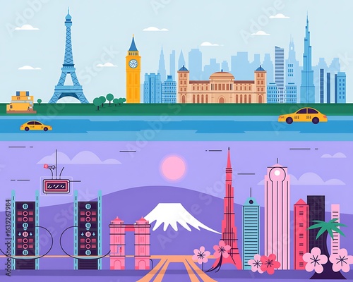 Famous world landmarks and city skylines collage