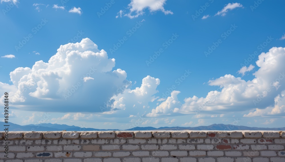 Striking Clouds Above a Rustic Brick Wall with Mountain Background Striking Clouds Above a Rustic Brick Wall with Mountain Background