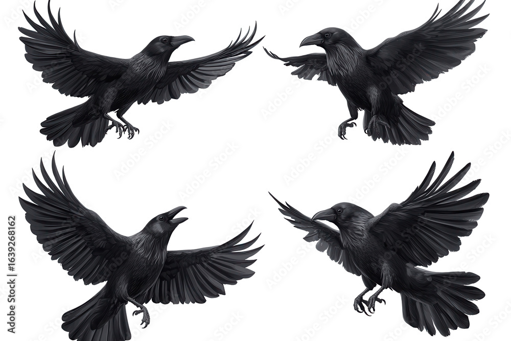 Fototapeta premium Set of raven crow birds in various poses with spread wings against a transparent background showcasing their powerful flight and striking features