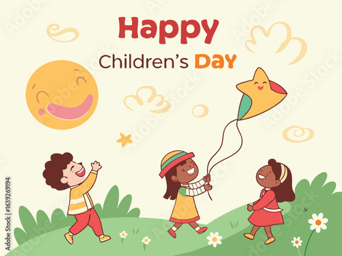 Cheerful Children's Day card showing children enjoying playtime in a lively park environment.
