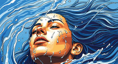 Serene immersion in water: An artistic illustration of a woman, engulfed by the flowing embrace of water, her face radiating tranquility and serenity. 