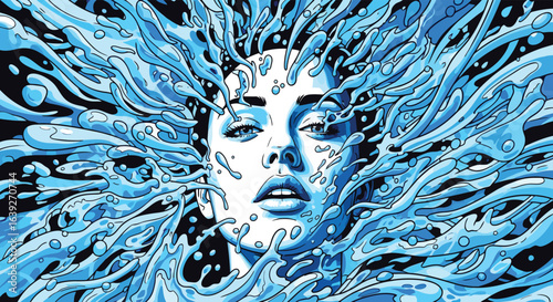 Embraced by the Element: An artistic portrait showcases a person enveloped in a dynamic embrace of water, conveying themes of renewal, power, and the interconnectedness of life.