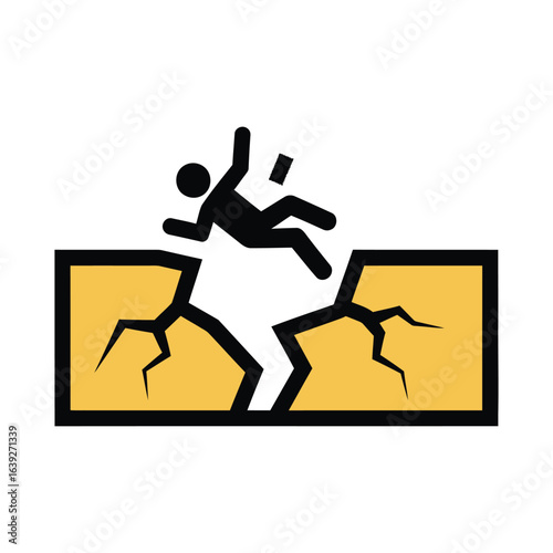 Watch your step! A symbol for accidents, caution, and danger with crumbling infrastructure and falling person icon. Careful, risk, hazard