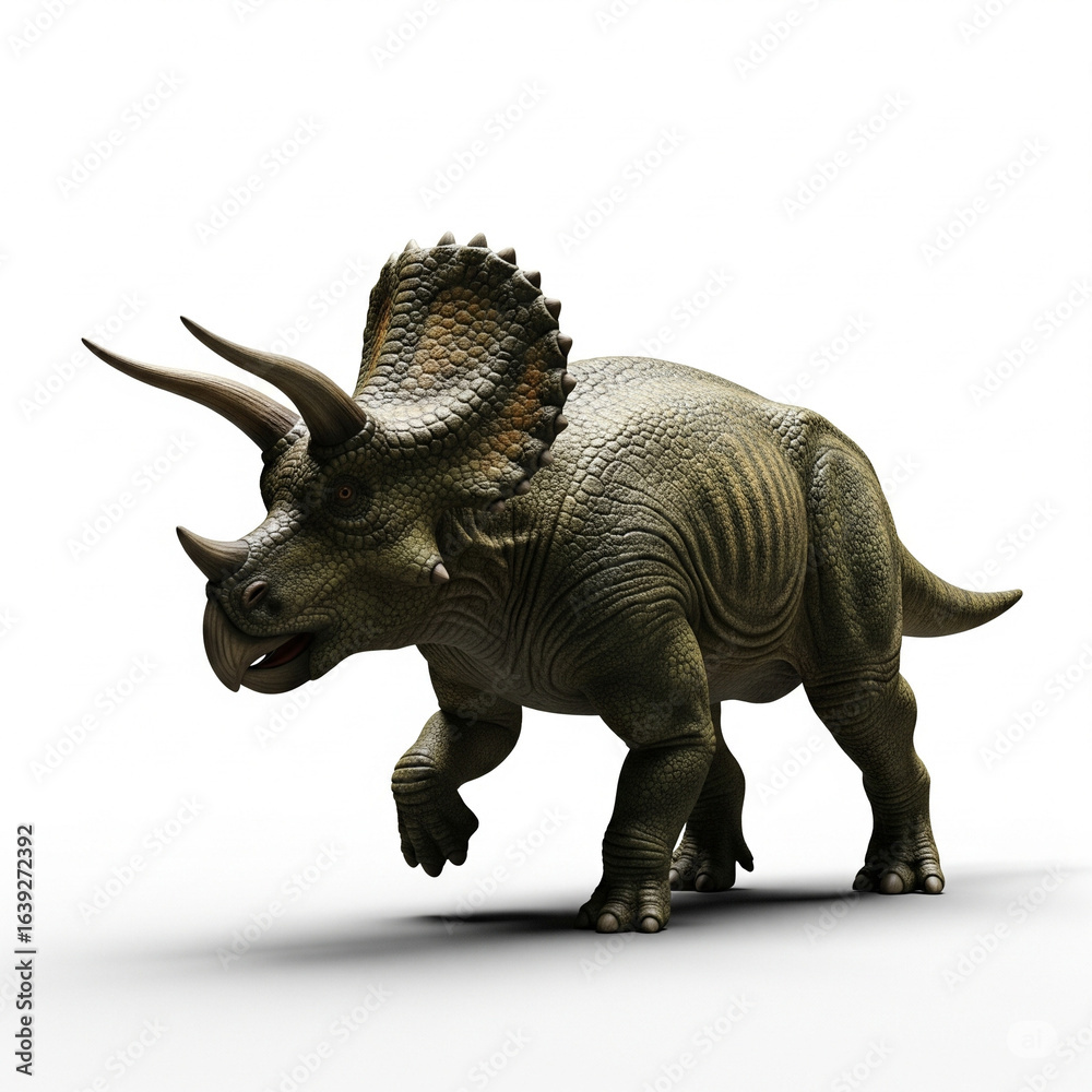 Fototapeta premium Realistic 3D Model of Triceratops Dinosaur Toy with Scaly Skin and Three Horns for Children's Education and Entertainment Industry