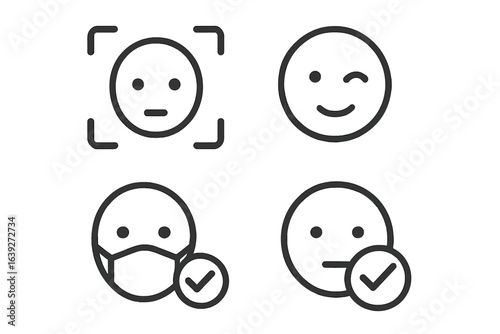 Four stylized facial expressions representing various emotions and gestures in a simple and modern design