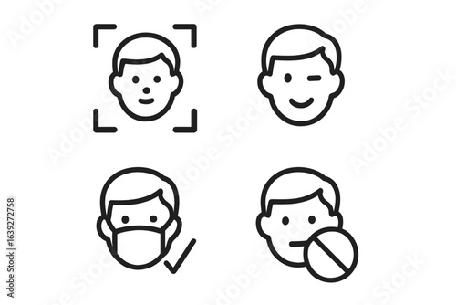 Icons representing facial recognition with an emphasis on expression, mask usage, and positivity in a digital context