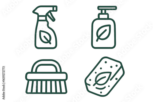 Eco-friendly cleaning products featuring a spray bottle, liquid soap, scrub brush, and sponge design