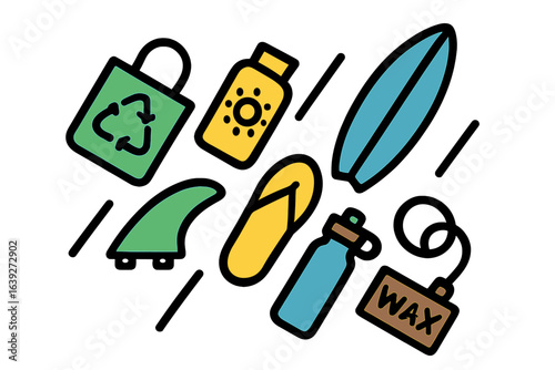 Colorful collection of surf and beach gear including flip flops, surfboard, and eco-friendly reusable items