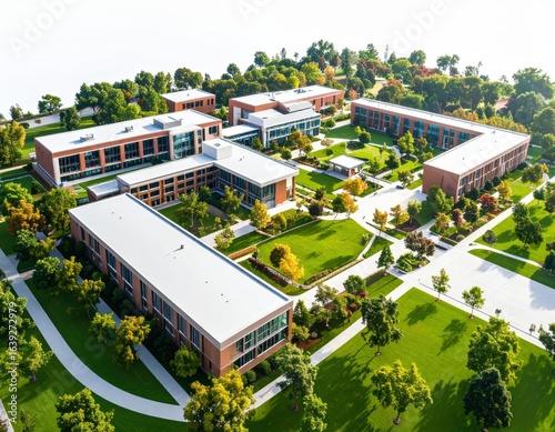 Aerial view of modern educational campus surrounded by lush greenery