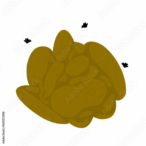 Vector illustration of a smelly pile of horse manure with flies on a white background. Suitable for herbivorous animal health signs.