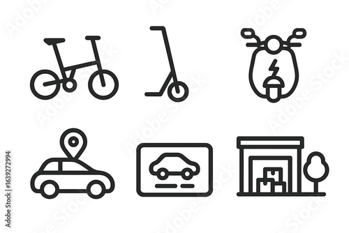 Various modes of transportation on a minimalist design with bicycles, scooters, electric scooters, cars, and charging stations