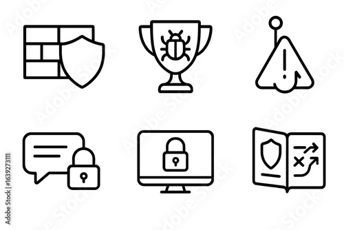 Security icons representing digital protection and vulnerability management in a monochrome design