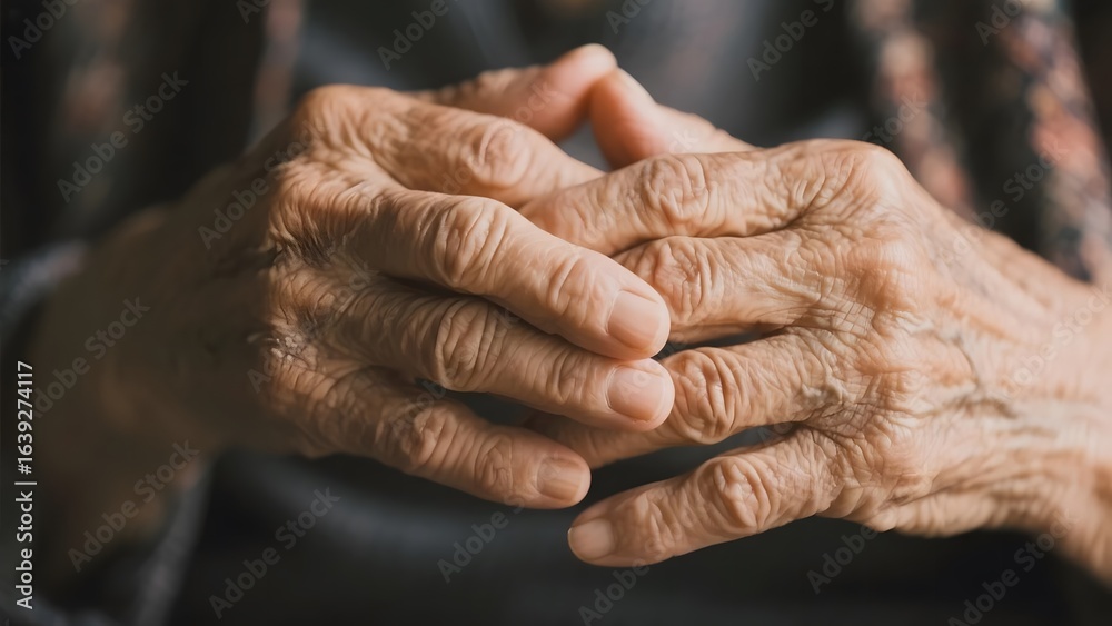 Fototapeta premium Close-up of elderly hands with visible wrinkles and veins, clasped together.